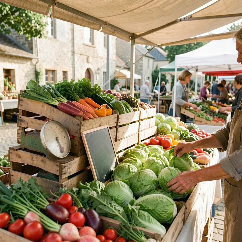 Étal de producteur sur un marché de village avec cageots de légumes et ardoise de prix