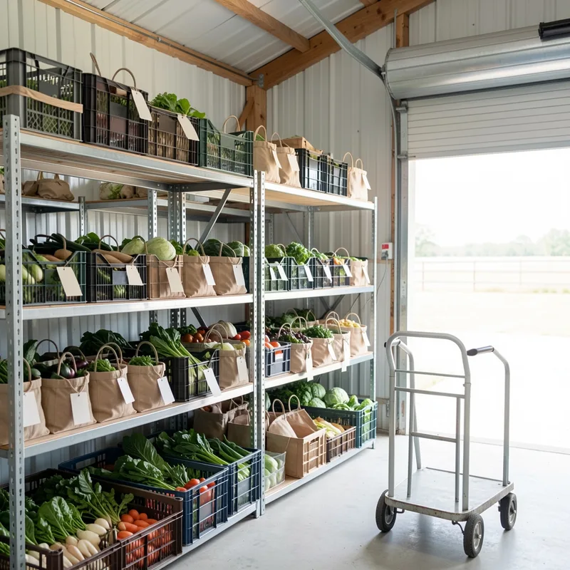 Caisses de légumes préparées pour un retrait de commande dans un local de drive fermier