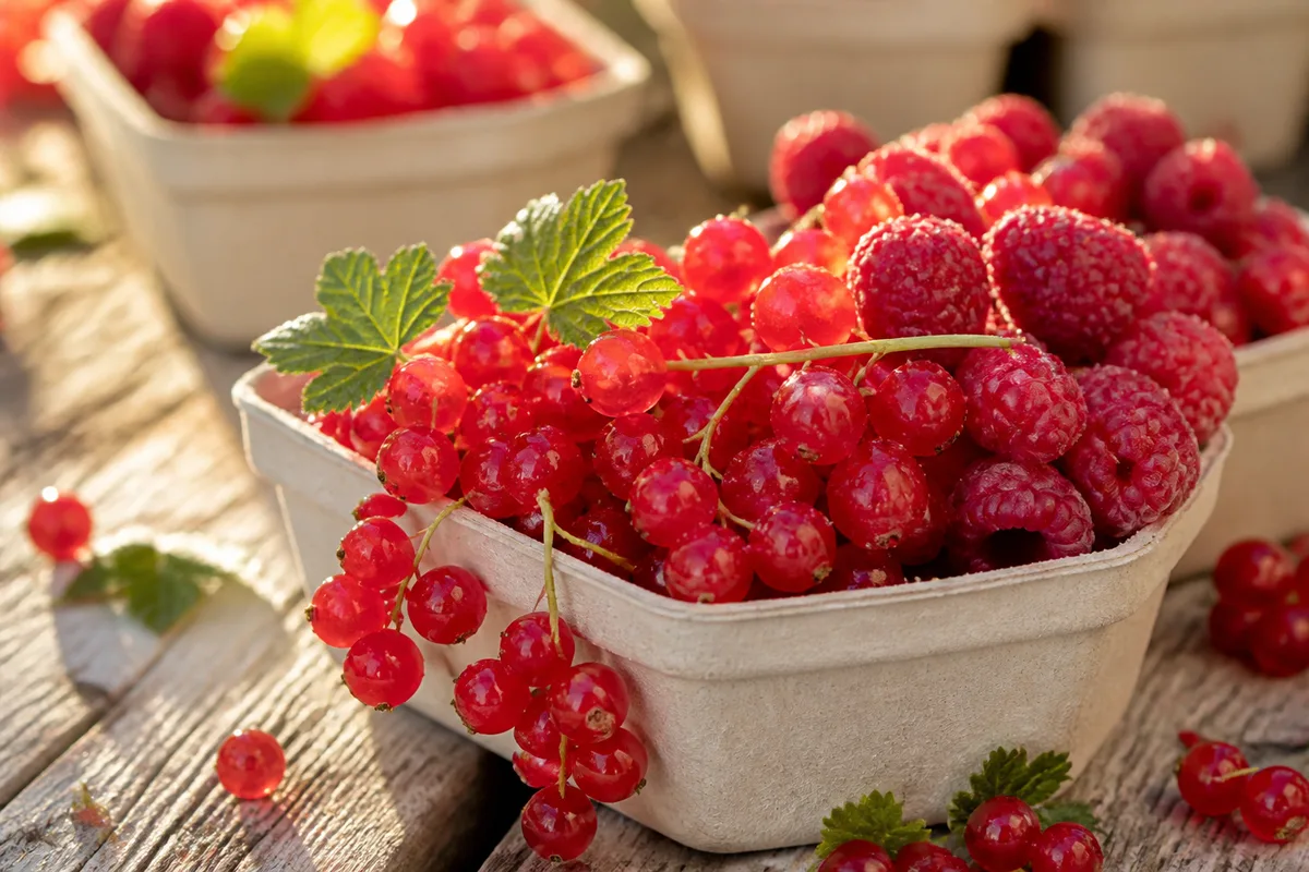 Cagettes de groseilles et de framboises fraîchement cueillies sur un étal de producteur