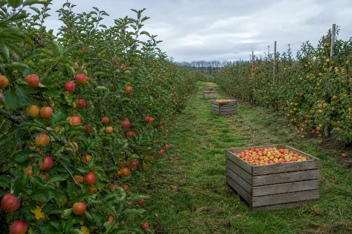 Vergers de pommiers en automne avec cagettes de récolte au pied des arbres