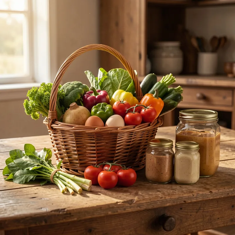 Étal de marché fermier garni de légumes de saison, œufs et fromages vendus en direct par le producteur